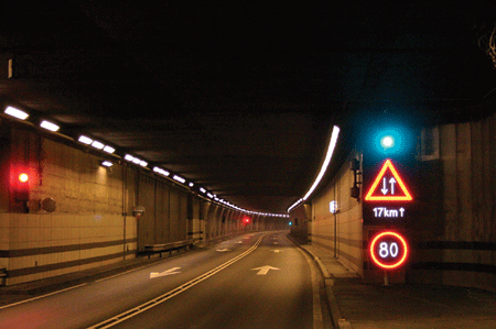 　　为了保证旅行者安全Gotthard隧道拥有通过冗余光纤网络自动控制的272个交通灯和68个速度紧急状况显示器