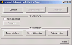 打开External Mode Control Panel,点击Connect按钮,执行Start real-time code,可以看到Scope上的图形输出。此时,可以改变模型的参数(如增益的数值),参数下载后Scope的曲线将随之改变。仿真时间结束以后,可以看到产生了一个external.mat文件,由目标机会传到主机,放在Tornado的安装根目录下。