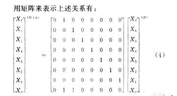 　　　对于并行扰码我们需要知道（N＋8）时刻输出相对于N时刻的关系在式（4）中令　　