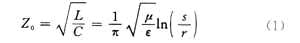 　　其中s为平行双线的间隔；r为导线半径；μ为磁导率ε为介电常数式1适用条件为s＞5r　　由式1可知特性阻抗是表征传输线本身特性的…