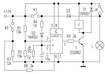 用电压比较器制作刹车灯延时熄灭电路如图