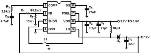 利用EL7516作为高效、高电流的白光LED驱动器如图