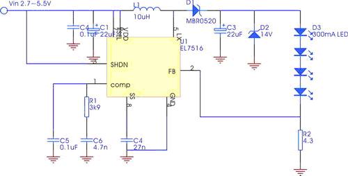 利用EL7516作为高效、高电流的白光LED驱动器如图