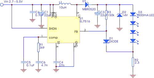 利用EL7516作为高效、高电流的白光LED驱动器如图