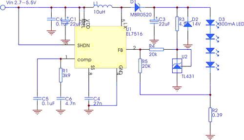 利用EL7516作为高效、高电流的白光LED驱动器如图