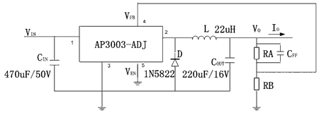 图2 AP3003构建的基本降压电路 基于PWM降压转换器AP3003的车载充电器如图